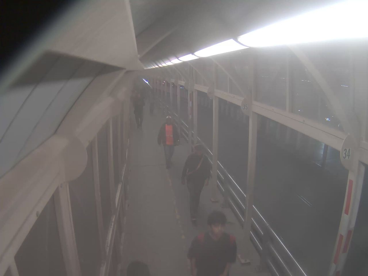 People walking along a covered pedestrian bridge at night with no visible traffic or vehicles.