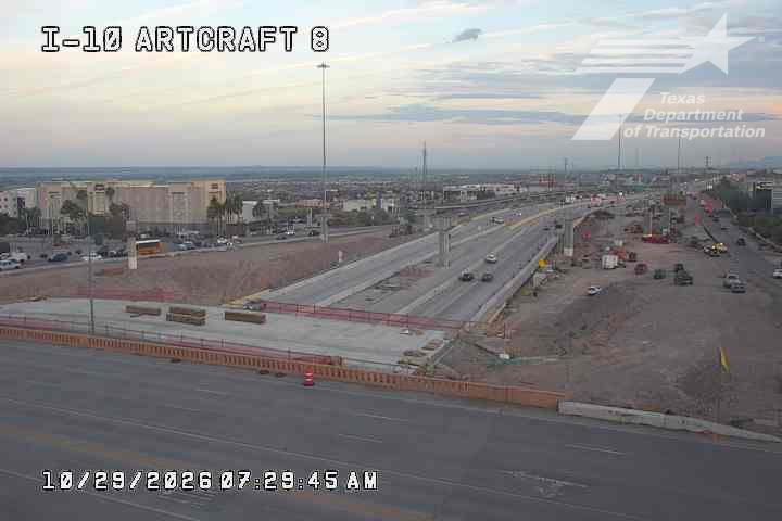 Highway construction zone with active road work and light traffic on multiple lanes; clear sky with scattered clouds.