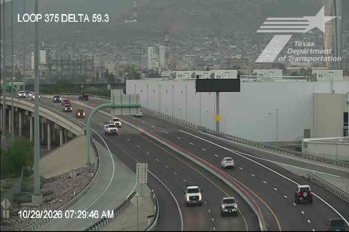 Multi-lane highway with moderate traffic flow under overcast skies, featuring vehicles moving freely across lanes with no visible incidents or road work.